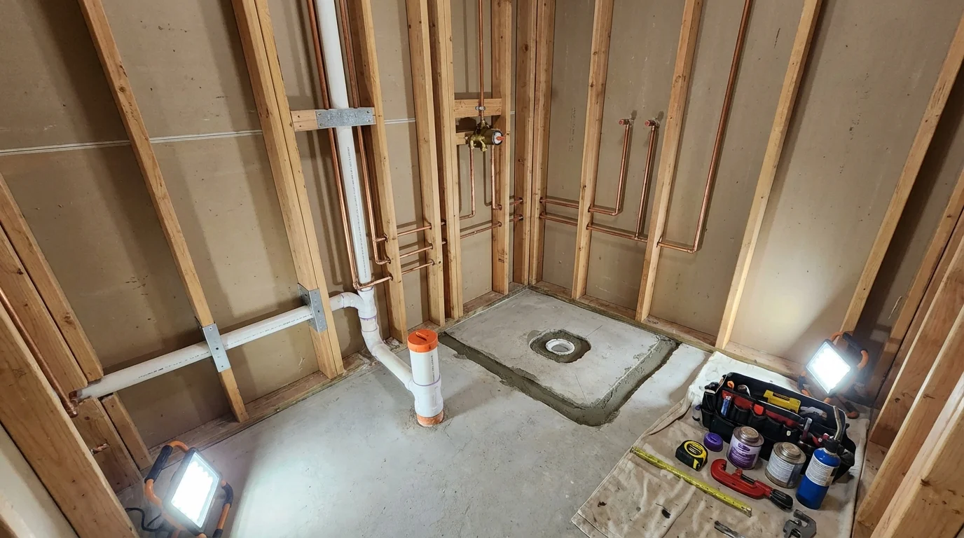 Bathroom rough-in plumbing during remodel by Johns Plumbing LLC in Greencastle