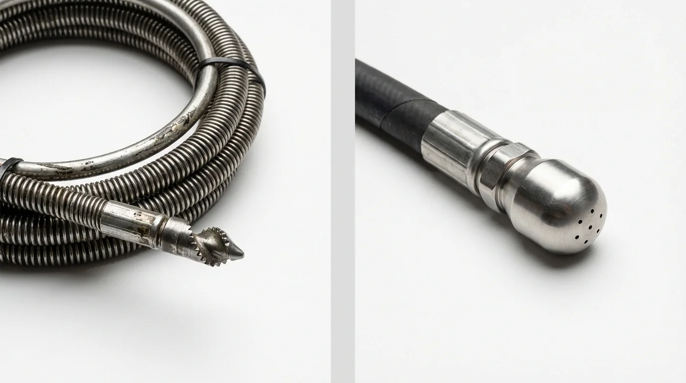 Drain snake cable and hydro jetting nozzle used for drain cleaning in Greencastle, IN