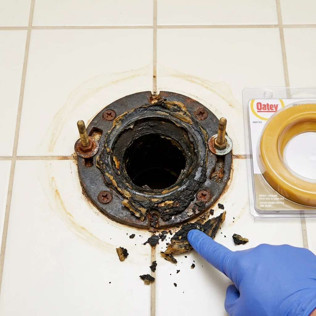 Failed wax ring showing water seepage at the base of a toilet in a Greencastle, IN home