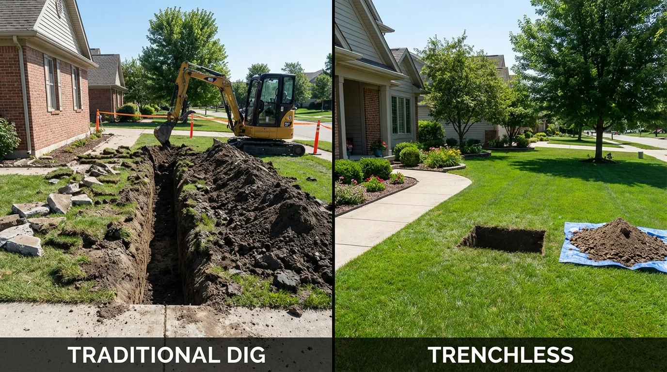 Trenchless sewer repair with minimal yard damage versus traditional excavation in Greencastle, IN