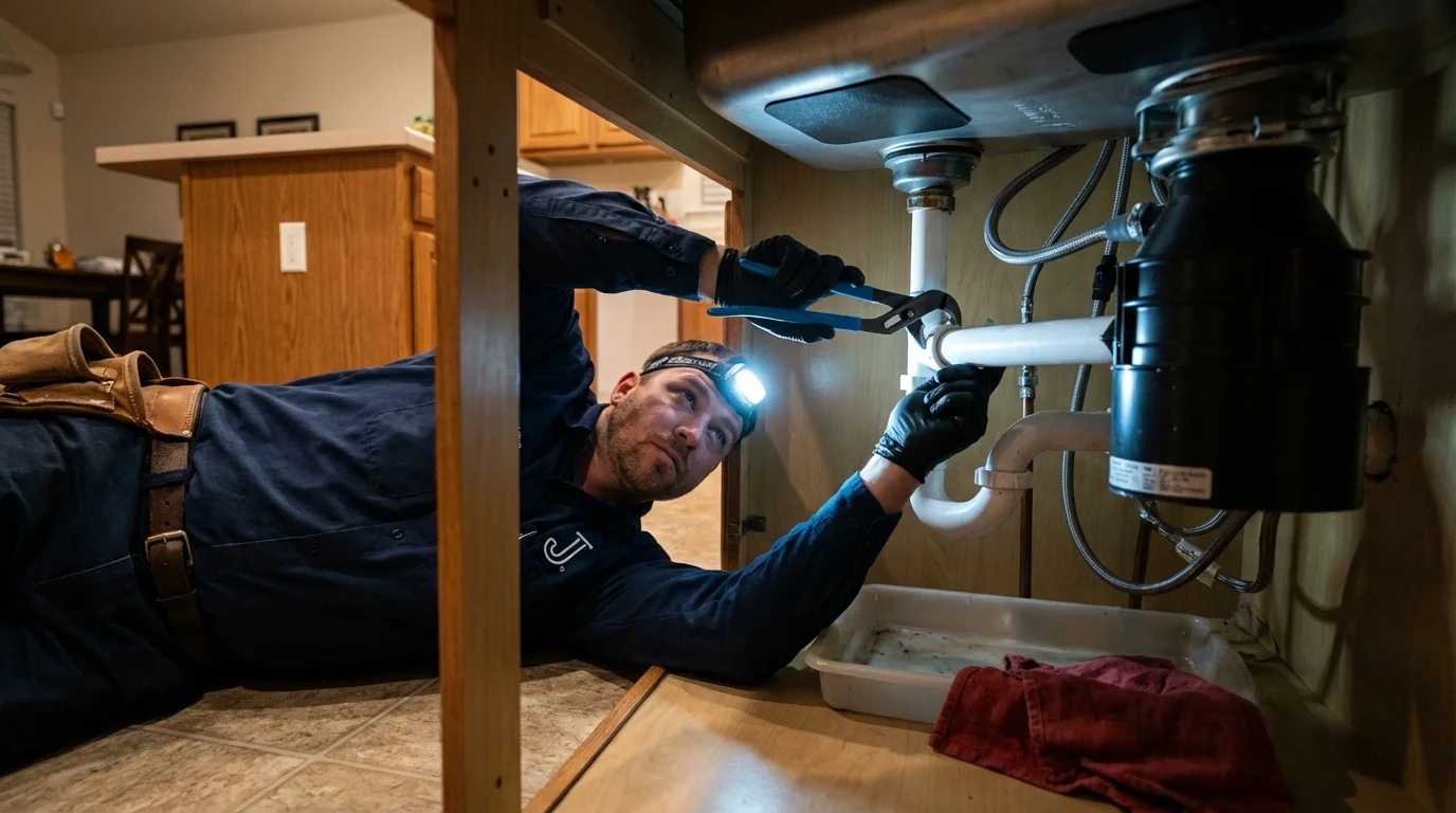 P-trap and supply line connections under a kitchen sink showing a common leak point in Greencastle, IN
